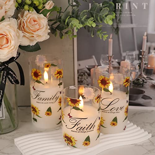 Image of Sunflower Glass Flameless Candles with Remote Timer Battery Operated LED Pillar Candles Real Wax 3D Wick Flickering Warm Light Wedding Dinner Holiday Spring Candle 3 x 4,5,6 Inches