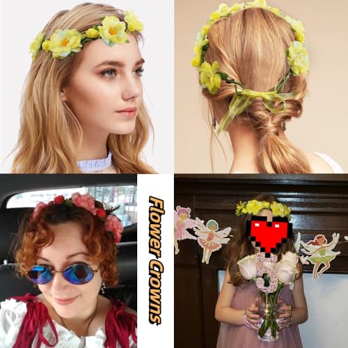 6Pcs Adjustable Boho Flower Crowns with Elastic Ribbon Floral Headbands Garland Bridal Bridesmaid Women Girls Teens Kids Headpiece for Hawaiian Party Wedding Beach Festival - Thumbnail 2