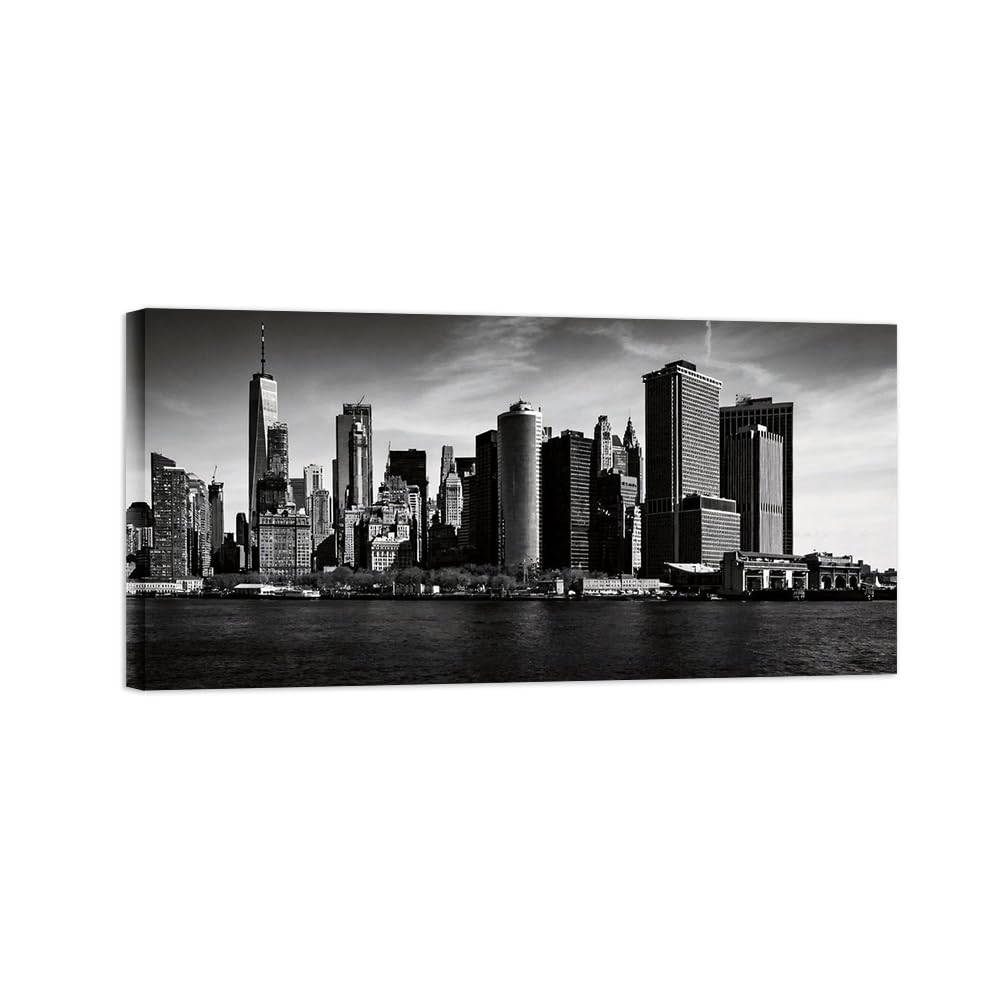 OZPWBVY Schwarz und Weiß Landschaftsbild-Stadt Gebäude Skyline-Minimalistisch Bild auf Leinwand-Wandbild Fertig zum Aufhängen 60x120cm Gerahmt