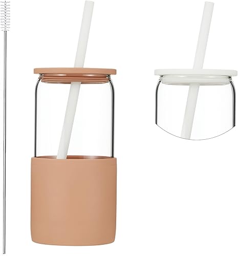 Sunseeke Vaso de vidrio con popote y tapa, taza de café helado de 16 onzas, cepillos de limpieza de fundas de silicona, vasos para agua, café