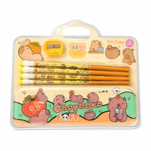 Kit Escolar 6 Peças com Estojo, 4 Lápis com Borracha e Apontador, Material Resistente, Ideal para Uso Diário em Escola e Casa