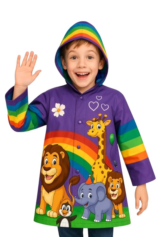 Krystle Boy's & Girl's Kids PVC Waterproof Long Raincoat with Cartoon Print, Blue, 8-9 Years (Pack of 1)