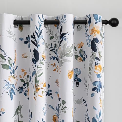 Image of MYSKY HOME 95% Blackout Floral Curtains 63 inch Long 2 Panels for Bedroom Living Room Flower Patterned Room Darkening Thermal Insulated Soundproof Grommet Window Treatments, 52 inch Wide, Yellow and Blue