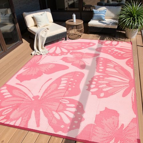 Anidaroel Pink Butterfly Outdoor Rug 6X9 for Patios Waterproof Clearance Reversible Plastic Straw Outside Rug Outdoor RV Camping Rugs for Backyard Beach Camper Pool Deck (Pink 6X9)