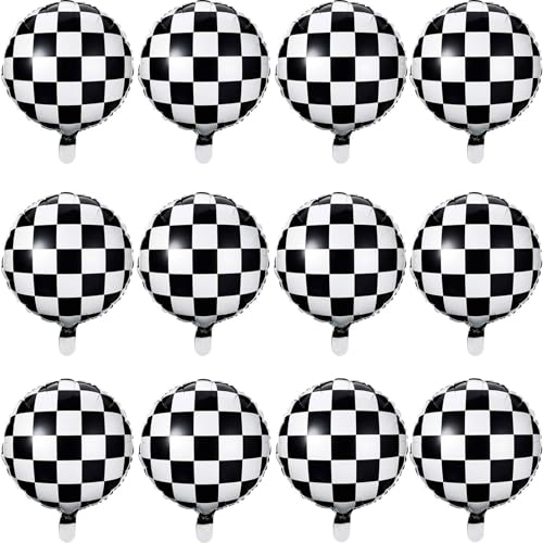 Checkerboard Balloon 12 Pcs Aluminum Foil Black White Checkered Balloon for Racing Themed Party Decoration Supply 18 Inches