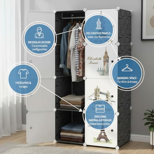 Image of Owme Closet for Clothe DIY Plastic Rack - Side Hanger, Storage for Home | with Mist Humidifier with Remote Controller, Shelf Storage Cabinet Stand, Auto Open & Close for Rain and Sun (Black, 8 Door)