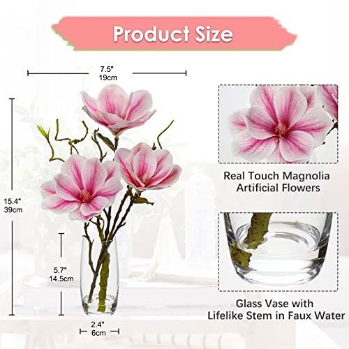 Oairse Artificial Magnolia Flower in Vase Real Touch Fake Flower in Glass Vase with Faux Water Pink Silk Flowers Faux Magnolias Flora Arrangement for Home Office Wedding Table Centerpiece Decoration - Image 2