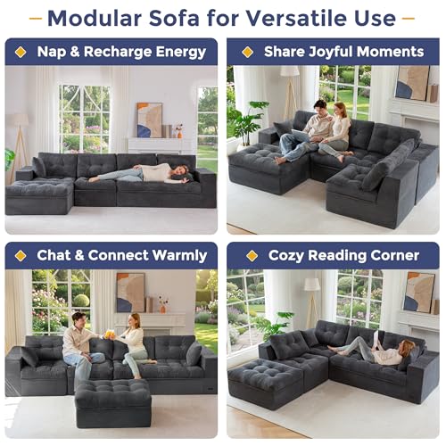 Image of MAXYOYO 132 inch L Shaped Modular Sectional Sofa with Ottoman, Cloud Boneless Couch with Layered Cushion, Upholstered Sofa in a Box, Flexible Module Combination for Living Room, No Assembly, Dark Grey