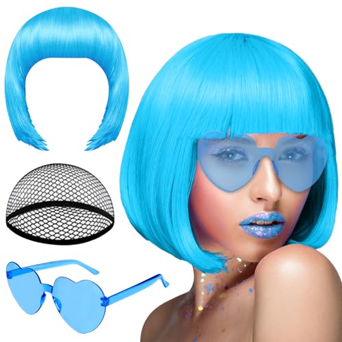 PLULON Sky Blue Bob Wig and Sunglass Set Neon Short Bob Wig Sunglass Pack Costume Colorful Cosplay Wig Hairpieces for Bachelorette Neon Party Favors Halloween Decorations