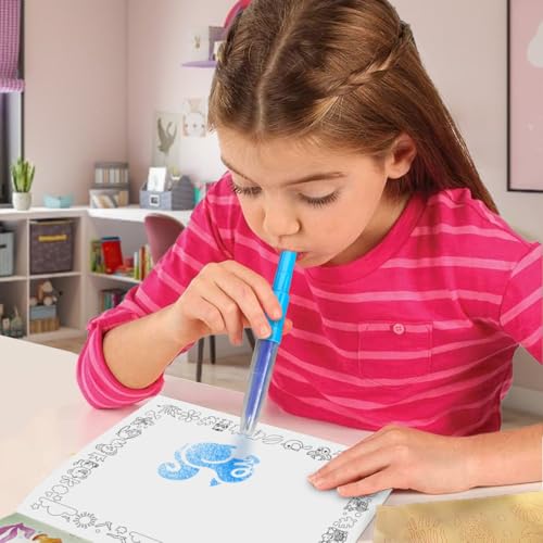 Image of Wembley Blow Pen Painting Colour Set-Unique Birthday Gift Colour Pens Set-Colouring Kit for Kids-Spray Pen Stationery Bundle with 35 Stencils,4 Fluorescent Markers & 16 Colouring Pages-Jungle,Multi