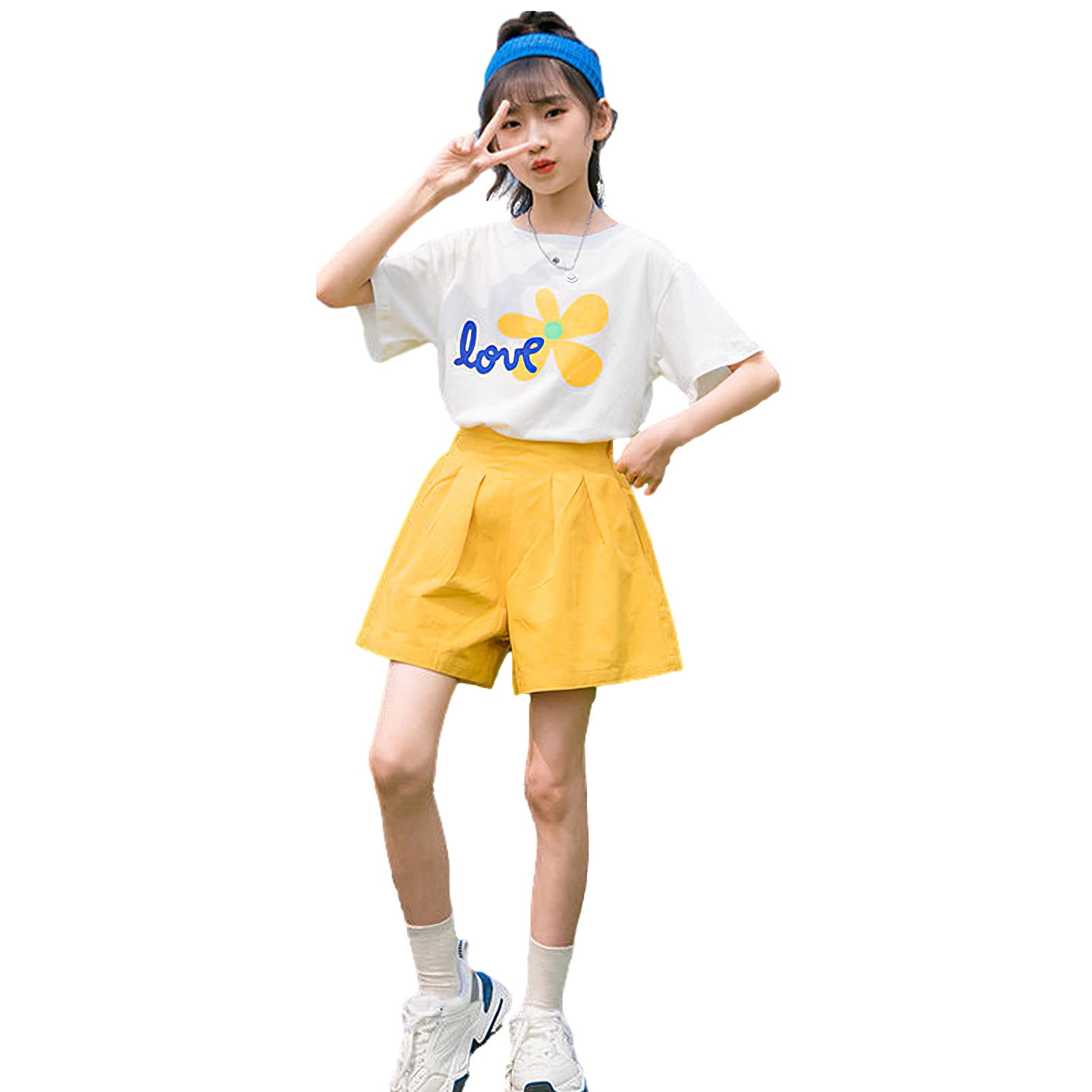 amropi Completo 2 Pezzi Ragazze Floreale Maglietta con Maniche Corte + Pantaloncini Abiti Setper età 3-13 Anni