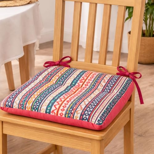 Image of Pack of 2 Washable Reversible Woven Pink Boho Seat Cushions with Micro Fiber Filler & Ties, Size 16 x 16 Inches 40 x 40 cm for Floor Sitting, Pooja, Dining Table Chair, Rastaurant