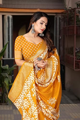 Image of Dola Silk Saree with Blouse Piece Intricate White Art Print and Zari Border | Perfect for Festive Occasions | Dola Silk | Silk Saree | Cotton Silk Saree | Silk Saree Collection.