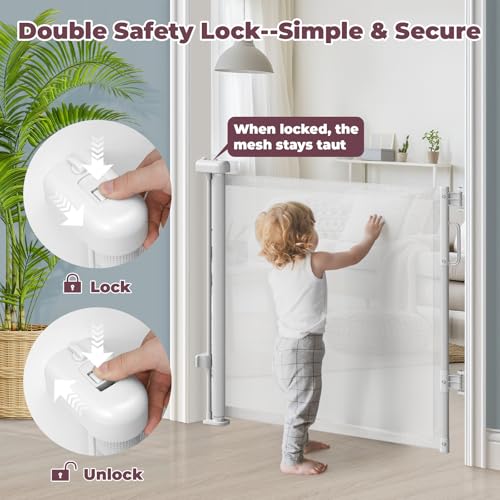 Image of Retractable Baby Gates 2 Pack, 55 inch Wide Mesh Dog Gate Indoor | 34 inch Tall Gate for Stairs Doorways Hallways Deck, Child Pet Safety Gate for Indoor Outdoor Home Use, White