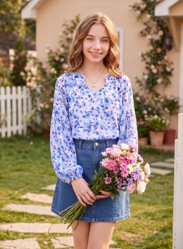 Image of blibean Girls Flower Bell Long Sleeve Blouse Fall Floral Shirts 4-15 Years