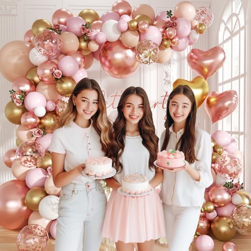 Image of Rose Gold Balloon Garland Arch Kit, 140Pcs Nude Pastel Pink Metallic Gold White Balloons Gold and Rose Gold Confetti Balloons with Heart Foil Balloon for Wedding Bridal Birthday Party Decorations