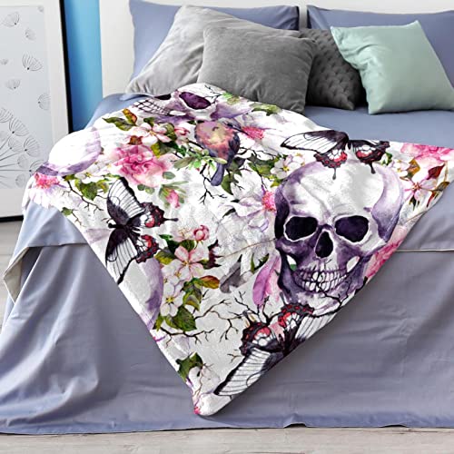 Couverture polaire douce tête de mort et fleurs pour lit et canapé - 8