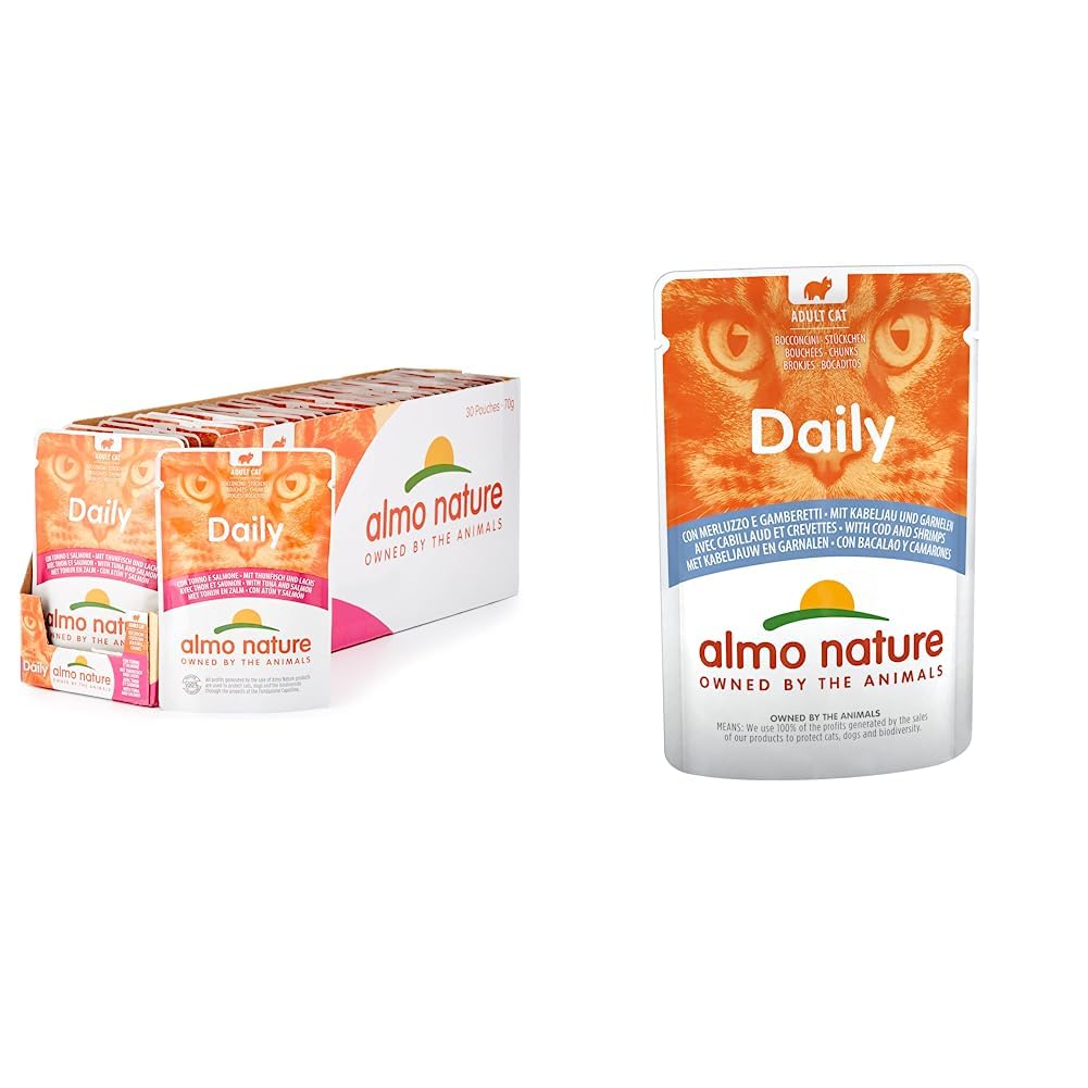 almo nature Daily avec Thon et Saumon. Alimentation complète en sachets fraîcheur – 30 x 70g & Daily avec Morue et Crevettes. Nourriture Humide pour Chat Adulte. – 30 x 70g