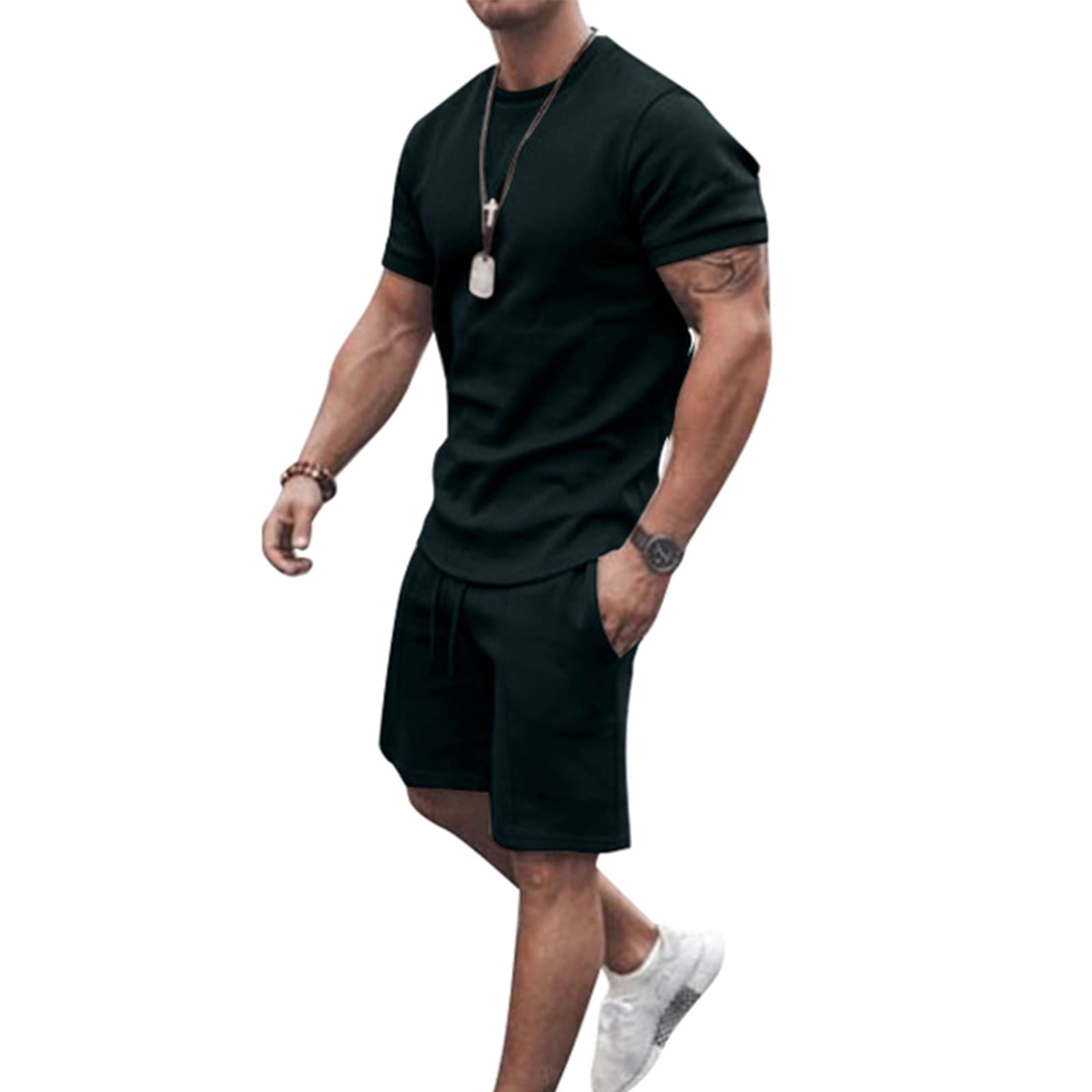 YawYews 2 Style Mens 2Piece Set-Short Sleeved Hoodie Set and Crewneck T-shirt Set