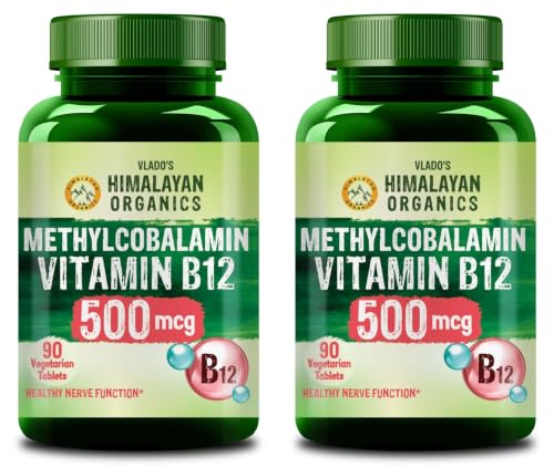 Image of Vlado's Himalayan Organics Vitamin B12 500 MCG Methylcobalamin | 100% RDA Active Form for Memory, Brain, Heart & Immune System Support | Normal Energy Production, High Absorption | 90 Veg Tablets, Pack of 2
