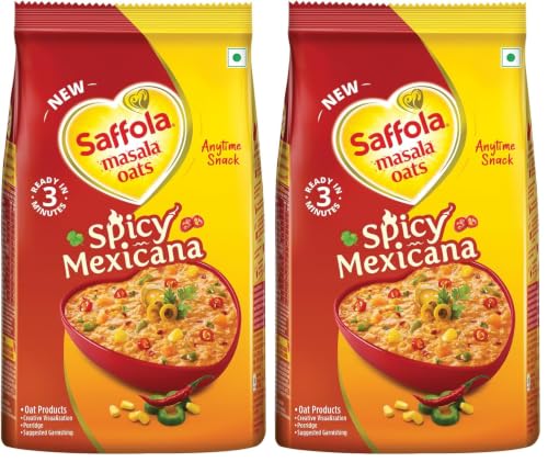 Image of Saffola Masala Oats Spicy Mexicana, 400g | Spicy Flavoured Rolled Oats with High Fibre, Yummy Anytime Snack (Pack of 2)