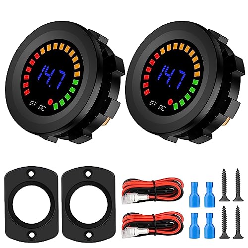 2 Stuk Batterie Messgerät, Wasserdichtes DC 12V Voltmeter Wasserdichtes LED Digital Display Spannungsmessgerät Rundes Auto Voltmeter Messgerät Spannungsprüfer Messgerät für Marine Auto Motorrad LKW