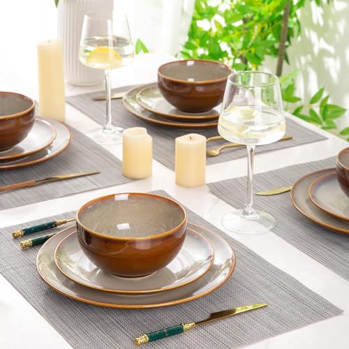 Image of LeRatio Ceramic Dinnerware Sets for 6,18-Piece Plates and Bowls,Handmade Reactive Glaze Dishes Set,Chip Resistant and Scratch Resistant | Oven Dishwasher & Microwave Safe,Service for 6-Kahki