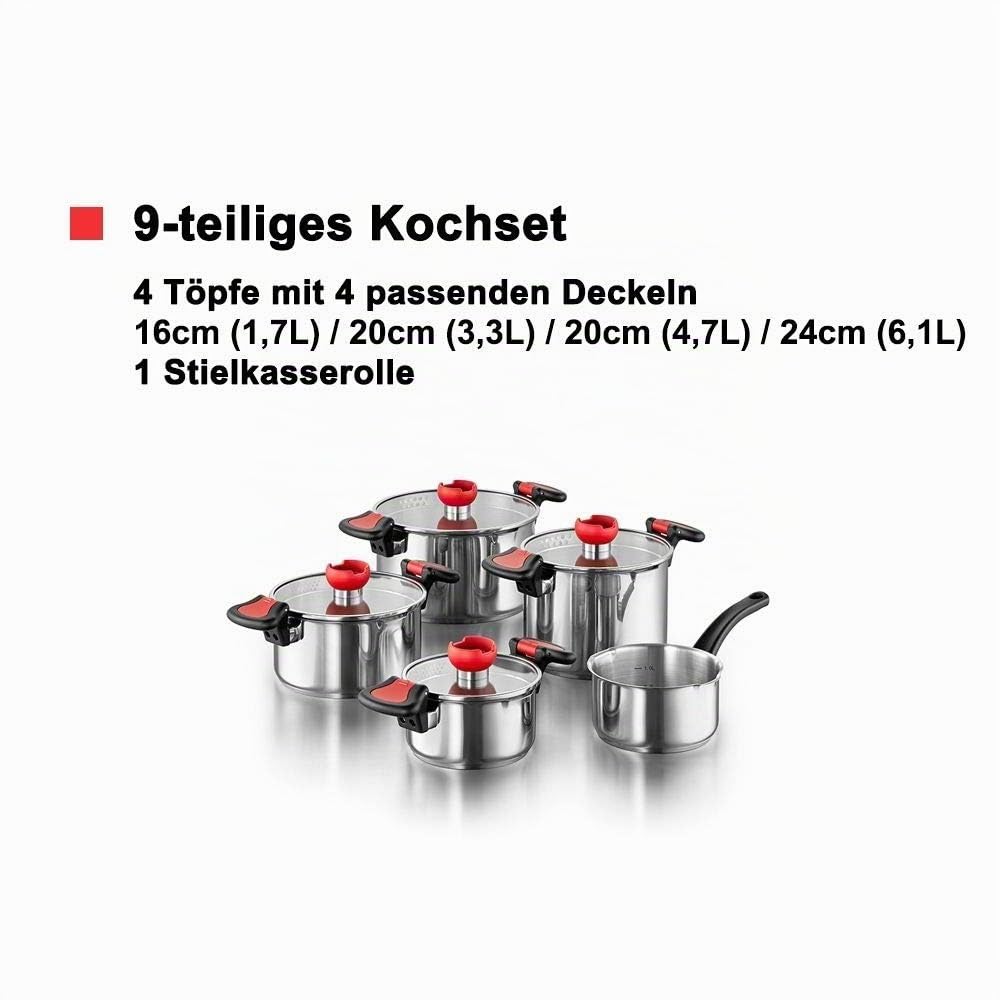 KOPF Kochtopf-Set Nelo 9-teilig aus Edelstahl I Induktions Töpfe Set mit Deckel, intelligenter Abgießhilfe & integrierter Siebfunktion I 4 Töpfe mit Glasdeckel + 1 Stielkasserolle