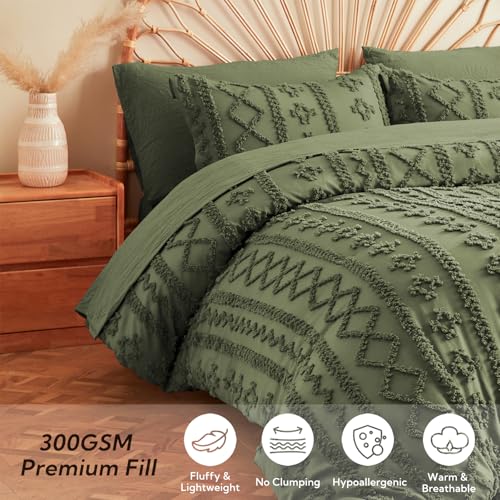 Image of MR&HM Olive Green Boho Comforter Set Queen, Tufted Boho Bedding Set, Farmhouse Shabby Chic Bed in a Bag with 1 Comforter, 2 Pillow Shams, 2 Pillowcases, 1 Flat Sheet, 1 Fitted Sheet for All Seasons