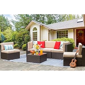 Vongrasig 6 Piece Small Patio Furniture Sets, All Weather PE Wicker Rattan Outdoor Sectional Sofa Conversation Couch with Glass Table, Cushions and Red Pillows, for Lawn, Garden, Backyard (Beige)