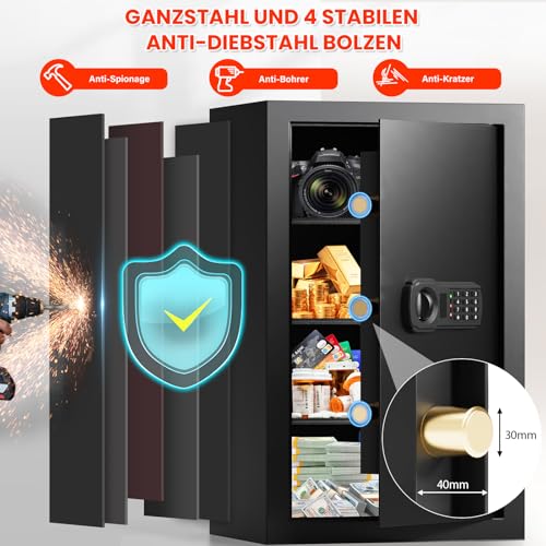 85L Großer Feuerfester Tresor mit Feuerfeste Dokumententasche, Digitaler Heimtresor mit Herausnehmbarem Regal, Möbeltresor Dokumente Gold Schmuck Wertsachen