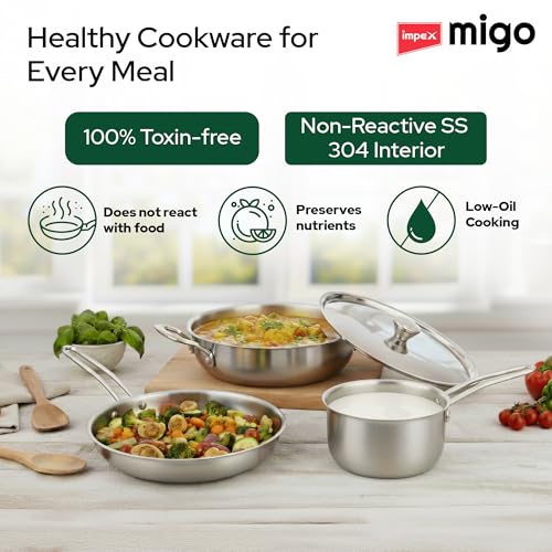 Image of Impex 4 Piece Triply Stainless Steel cookware Set | 24cm Triply Kadai with Lid | 22cm Fry Pan |16cm Milk Pan | ISI Certified Nonstick 3-Layer Body | Fast & Even Heatin| 100% Toxin-Free | 5 Yr Warranty