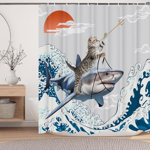 Image of Funny Cute Cat Shower Curtains,Japan Cat Shark with Ocean Sea Wave Shower Curtain for Bathroom,Japanese Cool Fabric Shower Curtain Set with Hooks Bath Decoration 72X72inches
