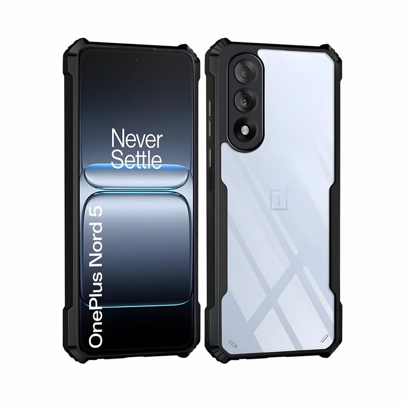 Image of AIBEX Compatible for OnePlus Nord 5 5G Mobile Back Case Cover, Crystal-Clear Shockproof Bumper with Camera Guard | 360 Hybrid Protection (TPU+PC) | Anti-Yellow, Slim Transparent - Black