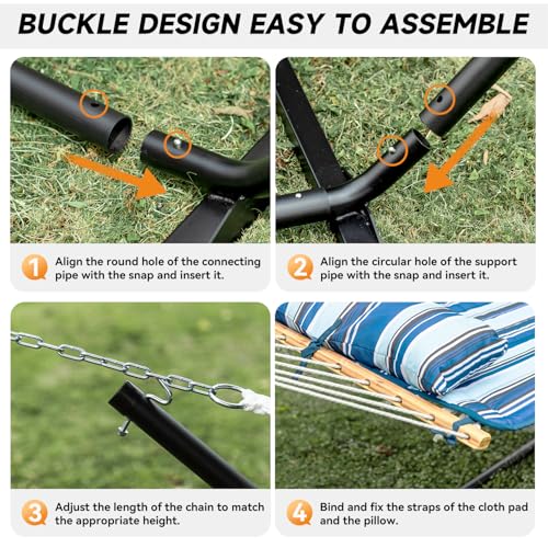 Image of Everyfun 2 Person Outdoor Hammock with Stand, Cotton Rope Hammock with Polyester Pad, Adjustable Steel Frame, Portable with Carrying Bag - for Patio, Backyard, Garden, Beach, Blue Stripe