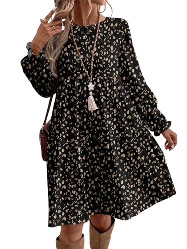 SweatyRocks Damen Langarm Kleid A Linie Freizeitkleid Curvy Kleid Casual Shortkleid BlumenKleid Tunika Damenkelid mit Rüschen Schwarz 3XL