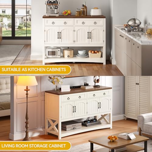 DWVO 47.2" Buffet Sideboard Cabinet with Storage, Farmhouse Coffee Bar Cabinet w/2 Drawers, Wood 4-Doors Console Table with Adjustable Shelves for Kitchen, Dining Room, Living Room, Entryway (White)