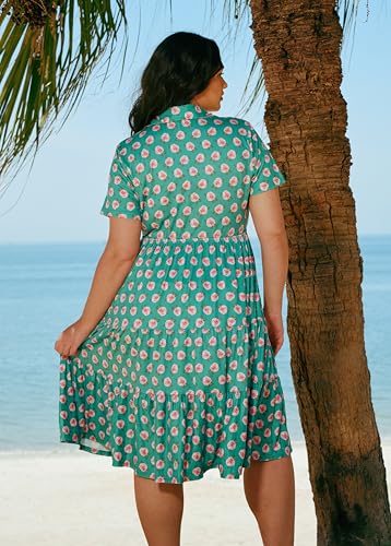 Image of CARCOS Plus Size Dresses for Curvy Women Collared Vneck Short Sleeve Dresses Midi Summer Ruffle Dress with Pocket XL-5XL