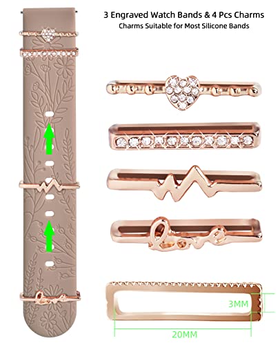 ORATYFAN Bands for Samsung Galaxy Watch 7/6/5/4/FE Band 40mm 44mm with Charms, 20mm Women Flower Engraved Silicone Replacement Strap for Galaxy Watch 5 Pro/Watch 3/Galaxy Active 2/Watch 4 Classic - image 2