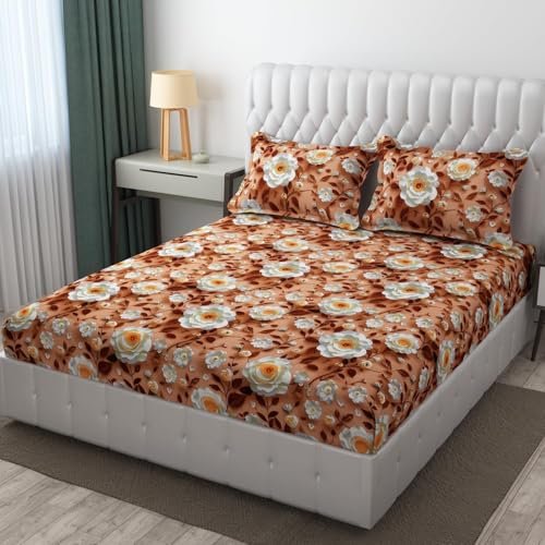 Image of 210TC Cotton Feel Super Soft Fabric 7D Print Elastic Fitted Bedsheets King Size, Premium Fitted Bedsheets King Size for Double Bed with 2 Pillow Covers, Size- 78 inch x 72 inch (Brown-7D)