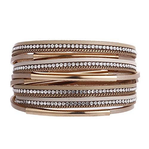 VONRU Leather Cuff Bracelets for Women - Charm Boho Handmade Braid Wrap Bracelets Wristbands Casual Braided Handmade Magnetic Bracelet Cuff Bangle (Khaki Crystal wrap Bracelet)