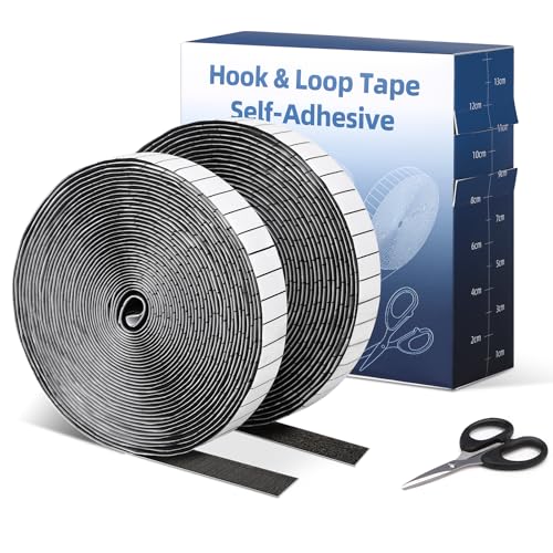 Euqvunn Scratch Autocollant Double Face 2 rouleaux (8 m x 2 cm), Bande Scratch Adhésive avec ciseaux et support quadrillé, pour bricolage, fixation murale, moustiquaire fenetre (Noir)