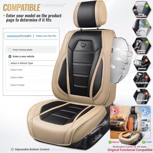 Image of CAR PASS Nappa Leather Car Seat Covers Full Set Faux Leather, Black Beige | Luxury Nappa Leather,360 Full Protection,Water resistant,3D Foam Comfort,Universal Fit for Most Cars SUV Truck,Scratch proof