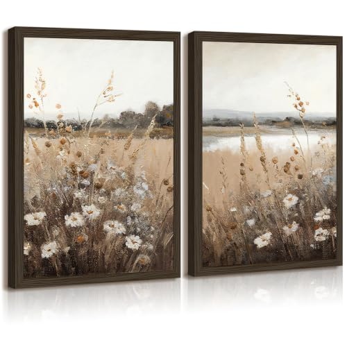 Wildflower Botanical Wall Art Decor Set of 2 Vintage Canvas Wall Decor Landscape Field Wall Art Pictures Farmhouse Prints Landscape Painting Vintage Artwork for Room Bedroom 12x16 Inch Framed