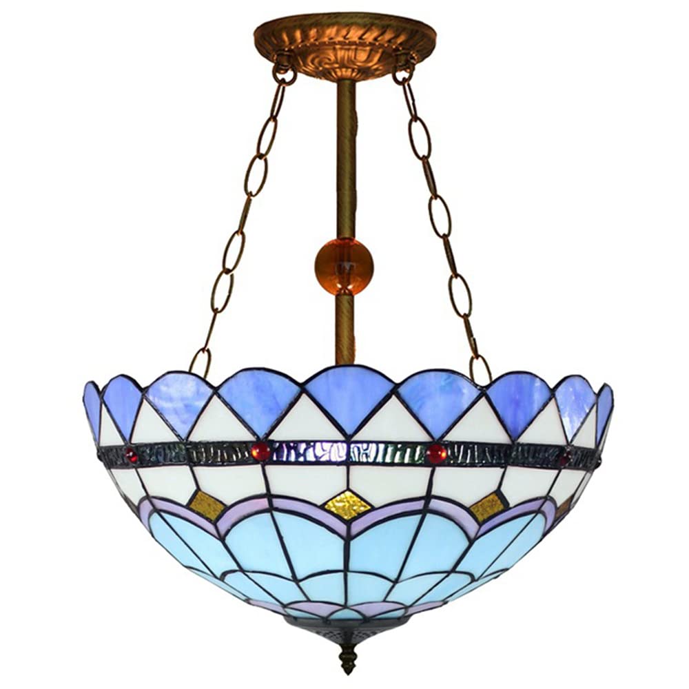 FYZDLAOR Blue Mediterranean Vintage Tiffanystyle Inverted Pendant Lights Chandelier 16 Inches Wide 3 Light Fixture for Dining Living Room Bedroom Foyer Entryway