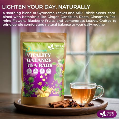 Image of FreshDrinkUS, Vitality Balance Tea Bags | 30 Count | Herbal Blend with Gymnema, Milk Thistle Seed, Fenugreek, Dandelion Root, Ginger, Orange Peel & Other Herbs - 100% Natural, Caffeine-Free Herbal Tea