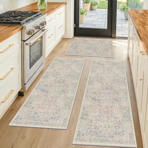 JTJ Washable Kitchen Rugs Set of 3, Beige & Blue Botanical