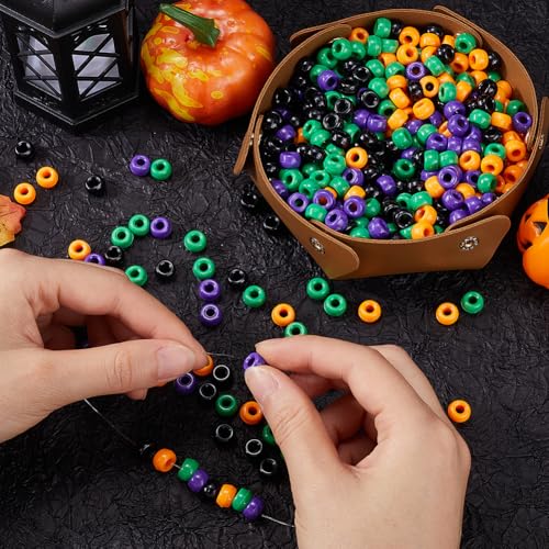 SOFPLATE 800Pcs 4 Colors Halloween Bulk Pony Beads Purple Pony Beads Bulk Plastic Green Orange Black Holiday Lucky Bead Set for jewellery Making Bracelet Wedding Gifts Friendship Hair Party Crafts - Image 3