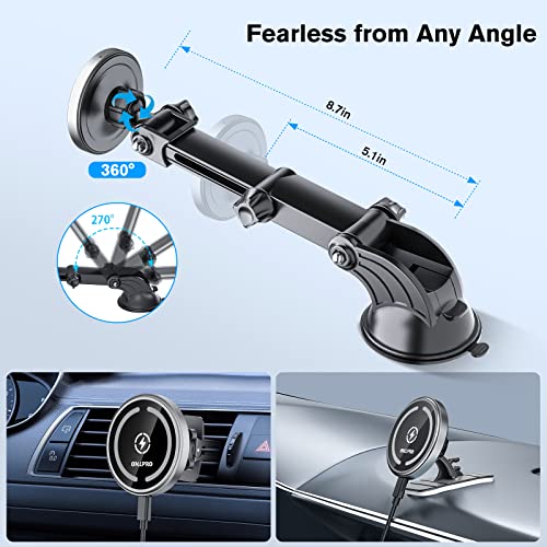 Ohlpro Magnetic Wireless Car Charger For Magsafe Mount Iphone 14/13/12 Series, Strong Suction Cup Phone Holder For Car Dashboard Windshield Vent, With Adjustable Telescopic Arm And Qc3.0 Car Adapter #TOP4