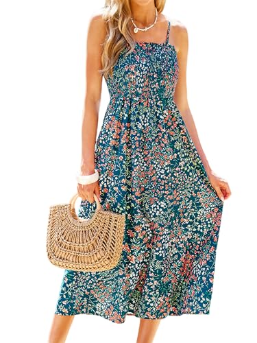 Image of CUPSHE Women's Floral Maxi Dress Spaghetti Strap Summer Boho Beach Dress Smocked Sundress Casual Vacation Flowy Long Dress